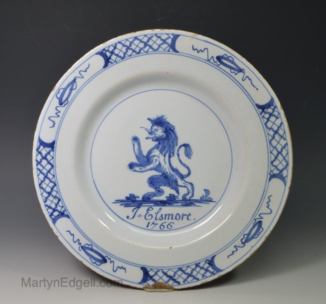 Liverpool delft dated armorial plate, J Elsmore 1766