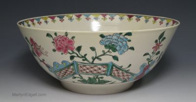 Staffordshire white saltglaze stoneware bowl decorated with enamels, circa 1760