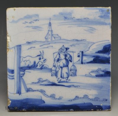 Liverpool delft tile painted with a water bearer, circa 1750