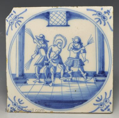 Dutch Delft biblical tile of Christ being whipped at the column, circa 1730