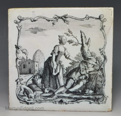 Liverpool delft Sadler printed tile of the overturned milk-pail; a girl rousing a sleeping boy, circa 1765
