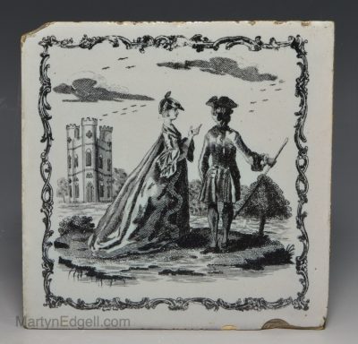 Liverpool delft Sadler printed tile of a lady and gentleman by a Gothik folly, circa 1770