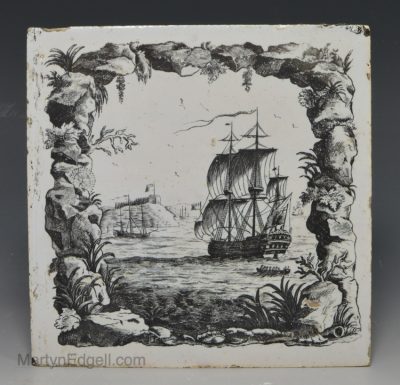 Liverpool delft Sadler printed tile of a ship seen inside a rocky grotto, circa 1760