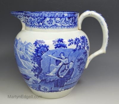Large pearlware pottery jug decorated with Lady of the Lake pattern, circa 1820