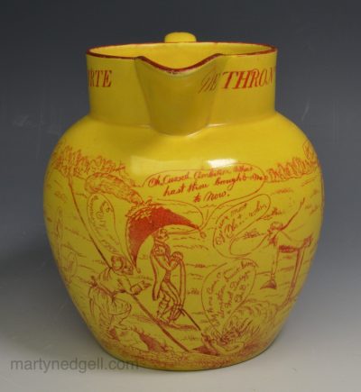 Swansea pottery canary yellow jug decorated with napoleonic war cartoons, dated 1814