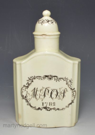 Creamware pottery tea canister and lid, dated 1782