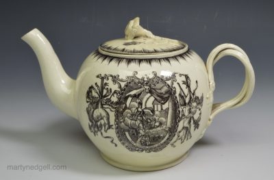 Creamware pottery teapot printed with a Thomas Rothwell design, circa 1780