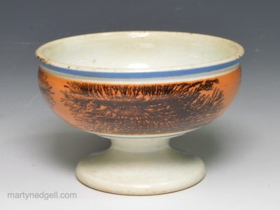 Pearlware pottery table salt decorated with tan slip and dendritic mochaware markings, circa 1830