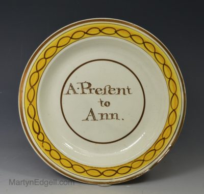 Pearlware pottery child's plate 'A Present to Ann', circa 1820