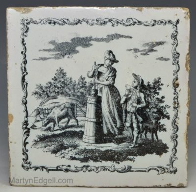 Liverpool delft Sadler printed tile of a woman churning butter and a boy, circa 1760