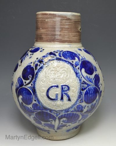 Westerwald saltglaze stoneware ‘GR’ jug, circa 1720