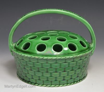 Green glazed creamware pottery pot pourri basket, circa 1820