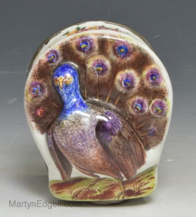 Bilston enamel box moulded with a peacock, circa 1780