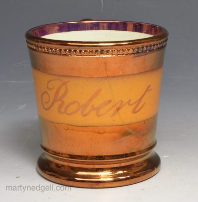 Copper lustre child's mug 'Robert', circa 1840
