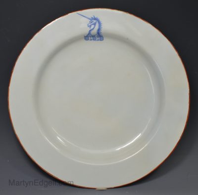 Liverpool delft large plate decorated with a family crest, circa 1750
