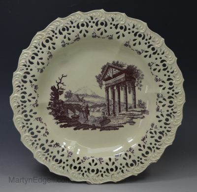 Wedgwood creamware pottery pierced plate printed with a landscape, circa 1775