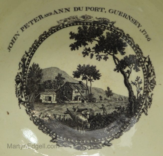 Wedgwood and Co creamware pottery bowl and pierced cover decorated with black enamels, dated 1786