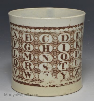 Pearlware pottery child's mug decorated with the alphabet, circa 1820