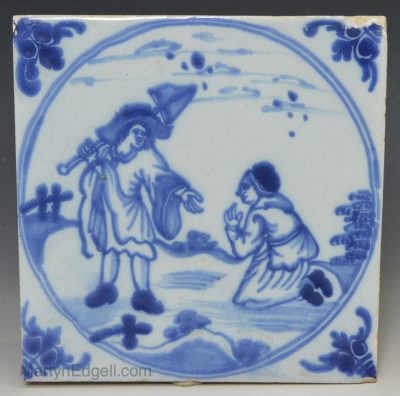 London delft biblical tile of Christ risen appears to Mary Magdelan, circa 1750