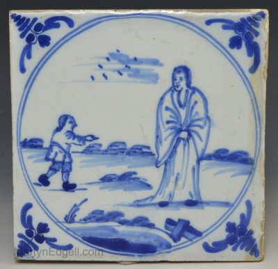 London delft biblical tile of the mocking of Elijah, circa 1750