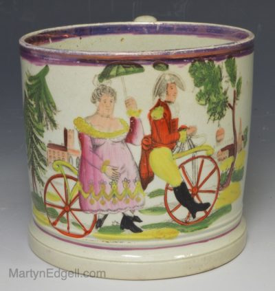 Pearlware pottery mug commemorating George IV and Queen Caroline on trip to carlton house, circa 1820