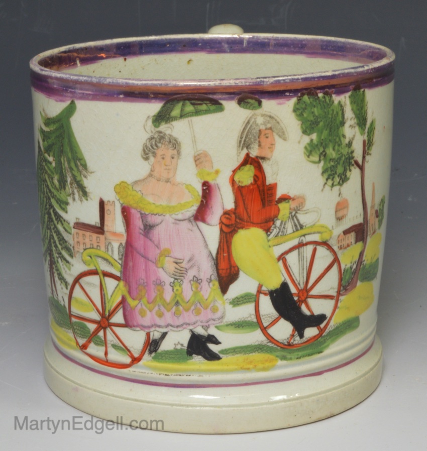 Pearlware pottery mug commemorating George IV and Queen Caroline on trip to carlton house, circa 1820