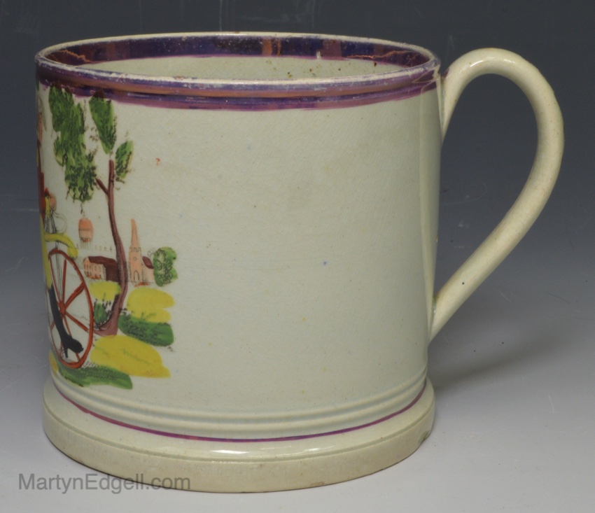 Pearlware pottery mug commemorating George IV and Queen Caroline on trip to carlton house, circa 1820