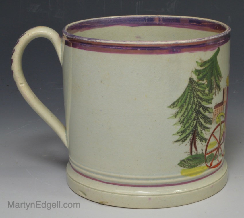 Pearlware pottery mug commemorating George IV and Queen Caroline on trip to carlton house, circa 1820